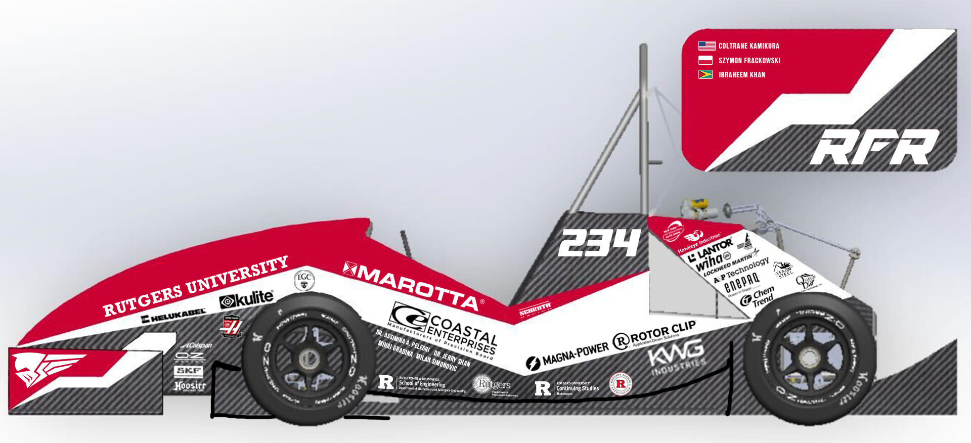 2024 RFR Livery Design Rutgers Formula Racing car with vinyl livery designed by Zachary Jacobson